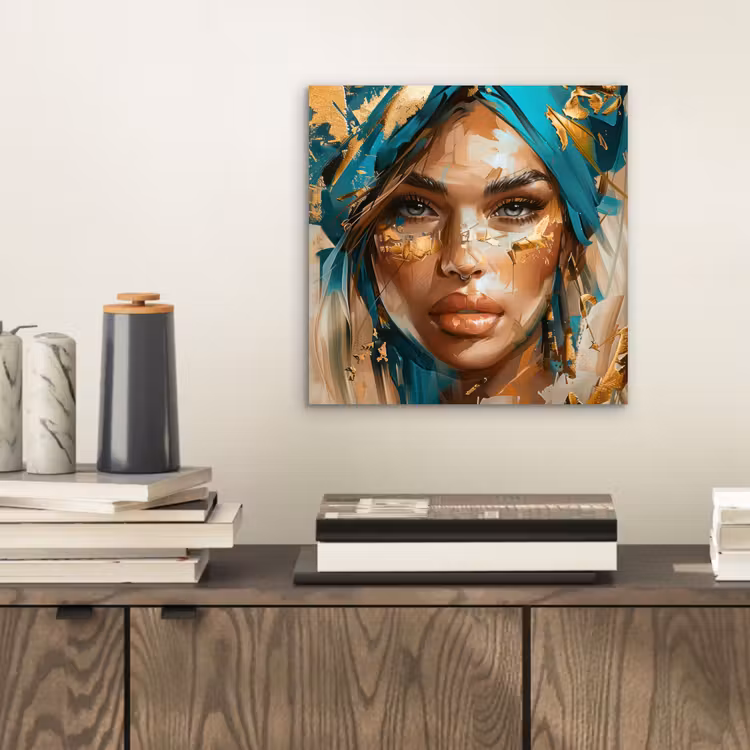 Vrouw - Portret - Goud - Luxe - Blauw aluminium wit klein -sfeer1