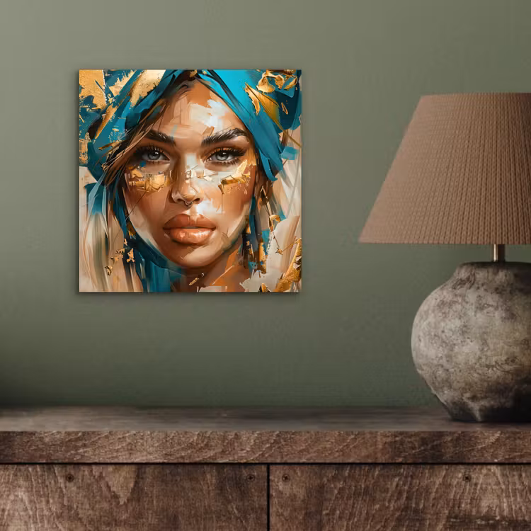 Vrouw - Portret - Goud - Luxe - Blauw aluminium wit klein -sfeer2