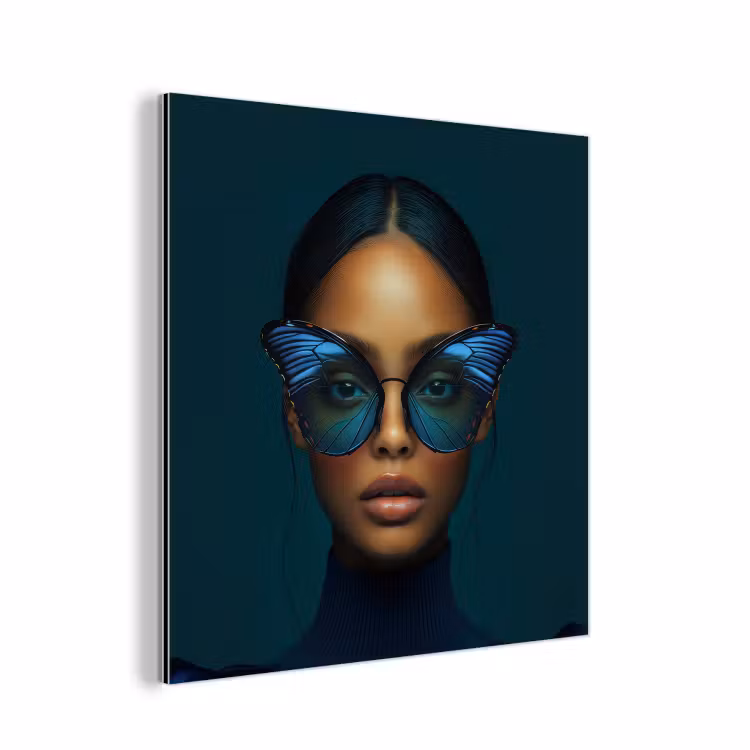 Vrouw - Vlinder - Bril - Blauw - Modern - Portret aluminium wit klein -3d
