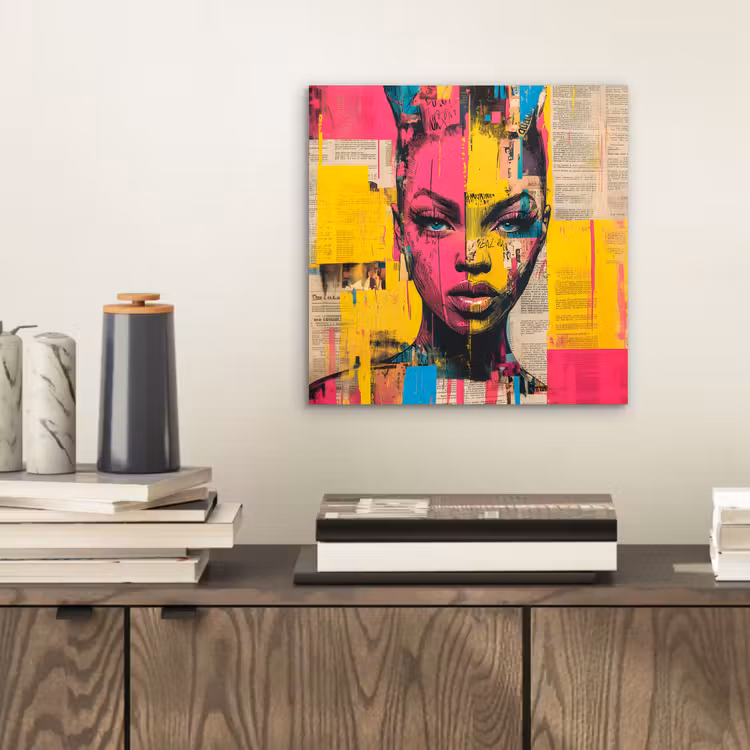 Vrouwengezicht - Krantenpapier - Abstract - Roze aluminium wit klein -sfeer1