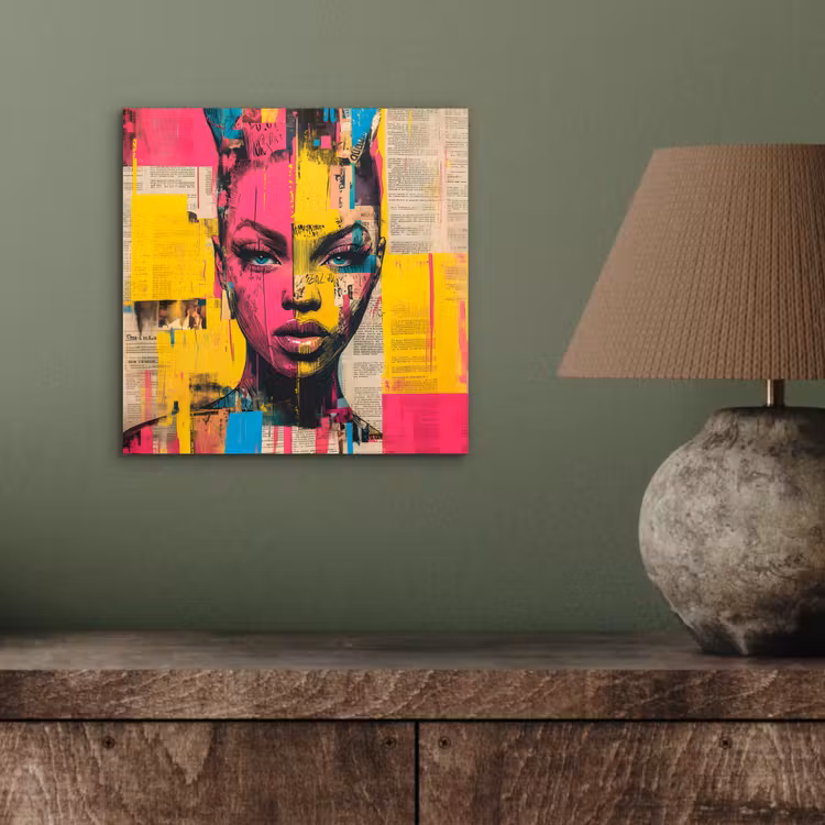 Vrouwengezicht - Krantenpapier - Abstract - Roze aluminium wit klein -sfeer2