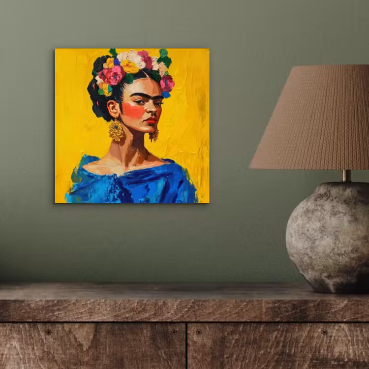 Frida Kahlo - Vrouw - Geel - Blauw - Bloemen aluminium wit klein -sfeer2