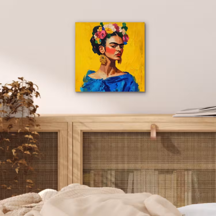 Frida Kahlo - Vrouw - Geel - Blauw - Bloemen aluminium wit klein -sfeer3