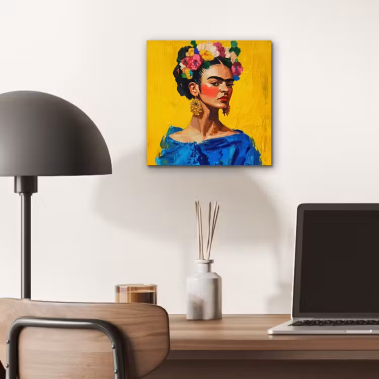Frida Kahlo - Vrouw - Geel - Blauw - Bloemen aluminium wit klein -sfeer5