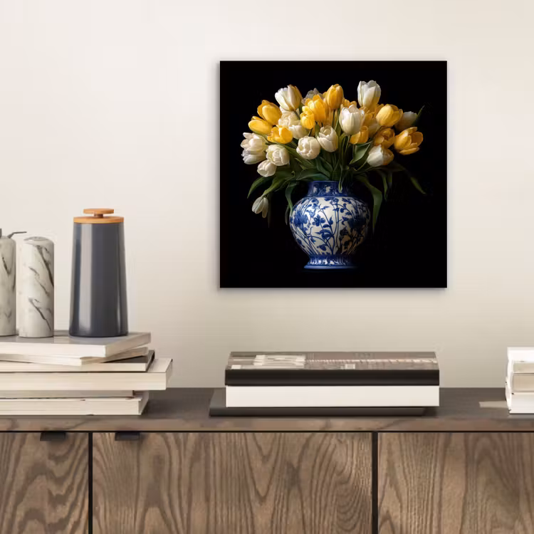 Geel - Tulpen - Vaas - Bloemen aluminium wit klein -sfeer1