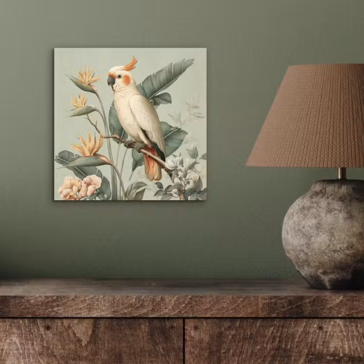 Gele kuifkaketoe - paradijsvogelbloemen - Groen aluminium wit klein -sfeer2
