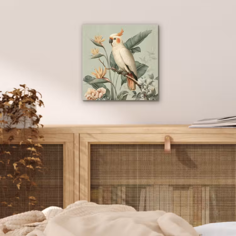 Gele kuifkaketoe - paradijsvogelbloemen - Groen aluminium wit klein -sfeer3