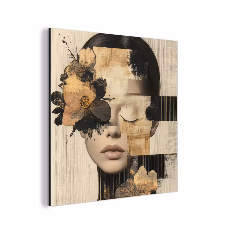 Gezicht - Bloemen - Zwart - Vrouw aluminium wit klein -3d