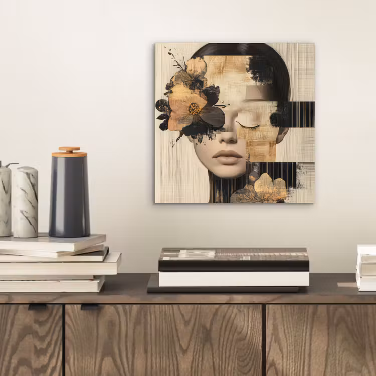 Gezicht - Bloemen - Zwart - Vrouw aluminium wit klein -sfeer1