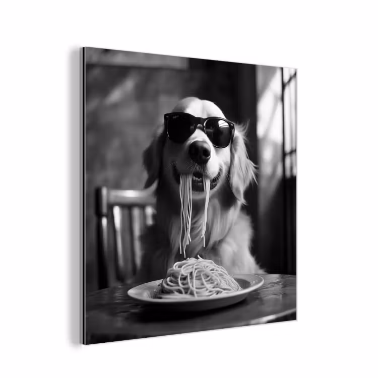 Golden Retriever - Hond - Vrolijk - Bord spaghetti - Zwart - wit aluminium wit klein -3d