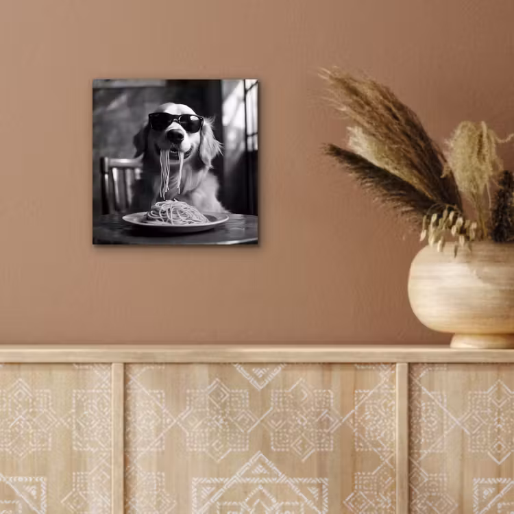 Golden Retriever - Hond - Vrolijk - Bord spaghetti - Zwart - wit aluminium wit klein -sfeer4