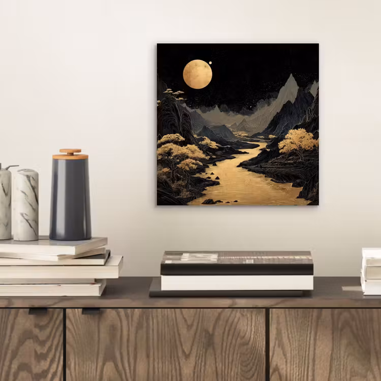 Gouden rivier - Bergen - Maan - Sterrenhemel aluminium wit klein -sfeer1
