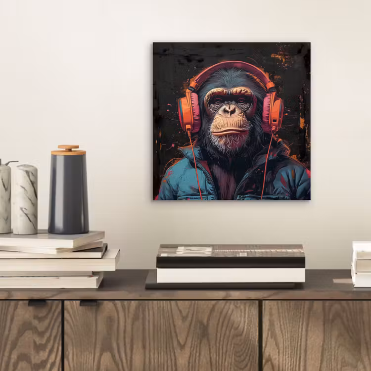 Graffiti - Chimpansee - Koptelefoon - Aap aluminium wit klein -sfeer1