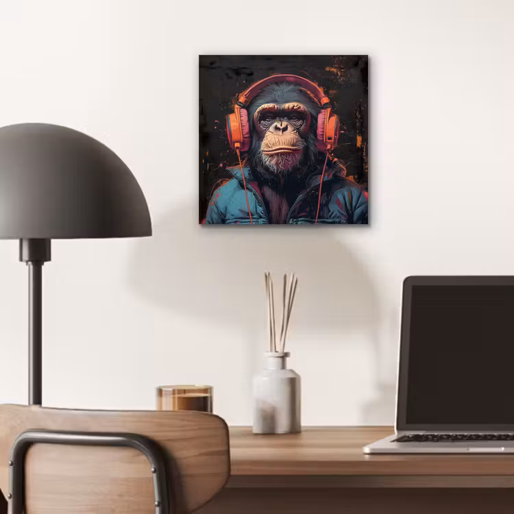 Graffiti - Chimpansee - Koptelefoon - Aap aluminium wit klein -sfeer5