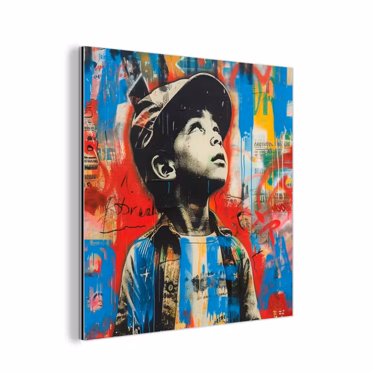 Graffiti - Vintage - Jongen - Street art - Neon - Banksy aluminium wit klein -3d