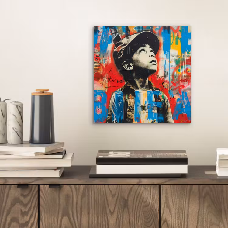 Graffiti - Vintage - Jongen - Street art - Neon - Banksy aluminium wit klein -sfeer1