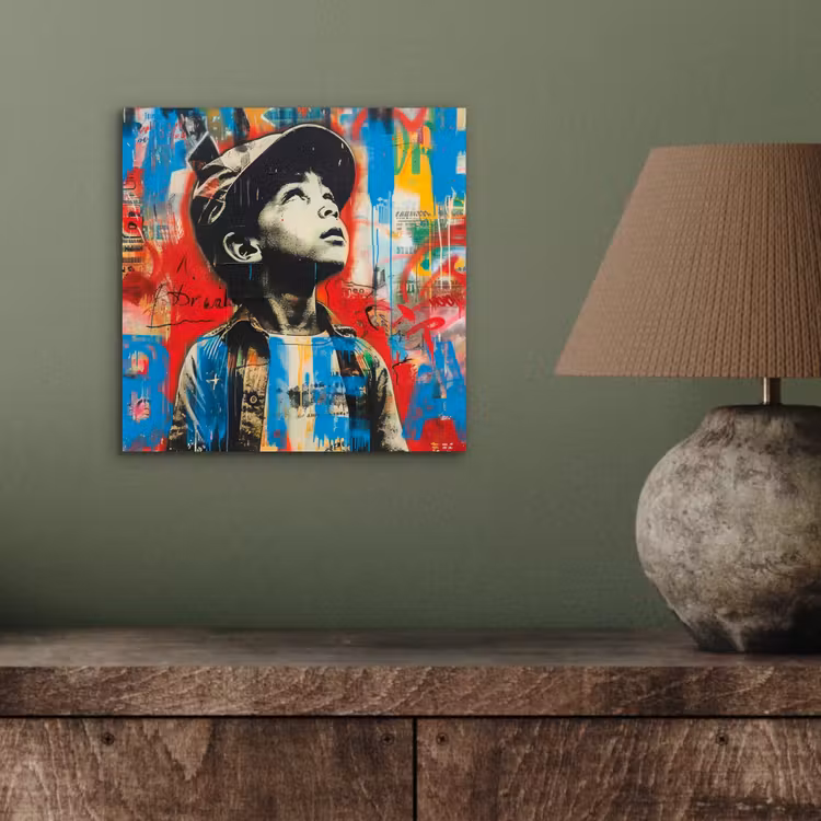 Graffiti - Vintage - Jongen - Street art - Neon - Banksy aluminium wit klein -sfeer2
