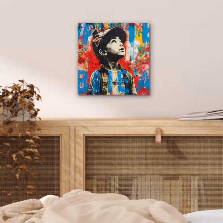Graffiti - Vintage - Jongen - Street art - Neon - Banksy aluminium wit klein -sfeer3