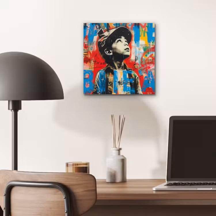 Graffiti - Vintage - Jongen - Street art - Neon - Banksy aluminium wit klein -sfeer5