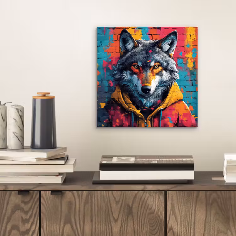 Graffiti - Wolf - Street art - Blauw aluminium wit klein -sfeer1