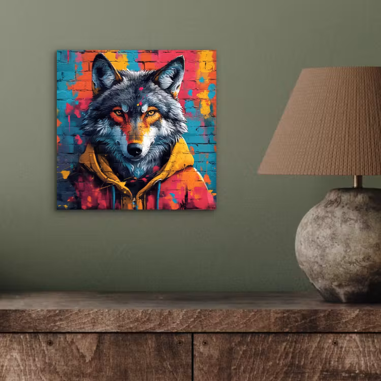 Graffiti - Wolf - Street art - Blauw aluminium wit klein -sfeer2