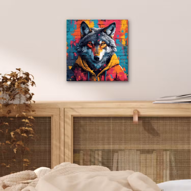 Graffiti - Wolf - Street art - Blauw aluminium wit klein -sfeer3