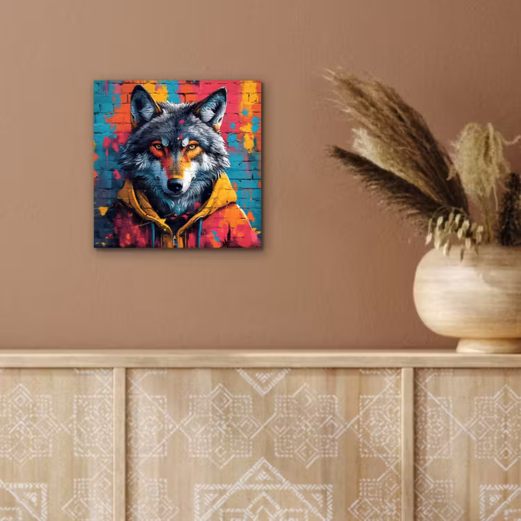Graffiti - Wolf - Street art - Blauw aluminium wit klein -sfeer4
