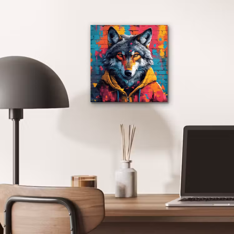 Graffiti - Wolf - Street art - Blauw aluminium wit klein -sfeer5