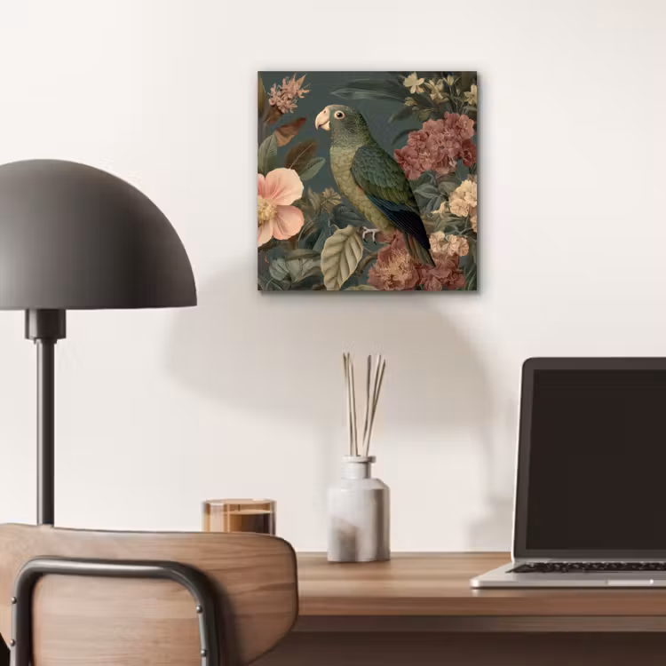 Groene papegaai - Kleurrijke bloemen - Donkere achtergrond aluminium wit klein -sfeer5