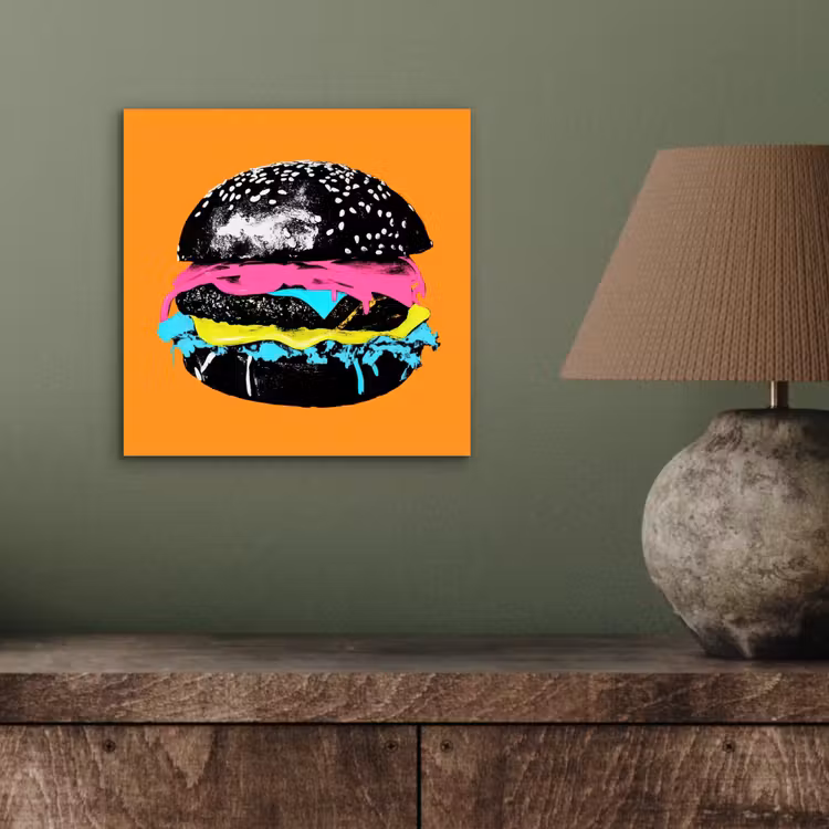 Hamburger - Oranje - Neon - popart aluminium wit klein -sfeer2