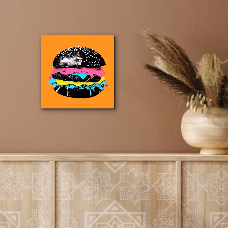 Hamburger - Oranje - Neon - popart aluminium wit klein -sfeer4