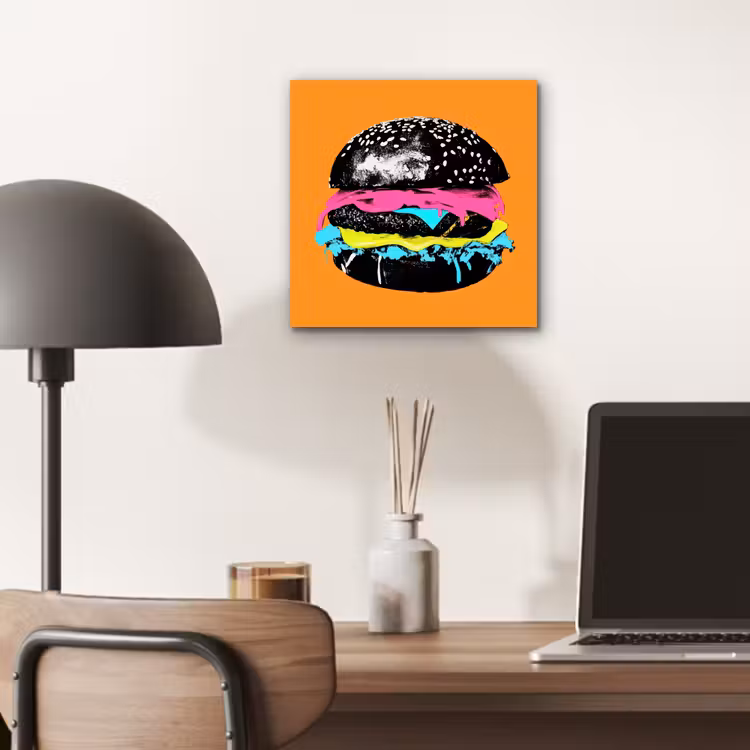 Hamburger - Oranje - Neon - popart aluminium wit klein -sfeer5