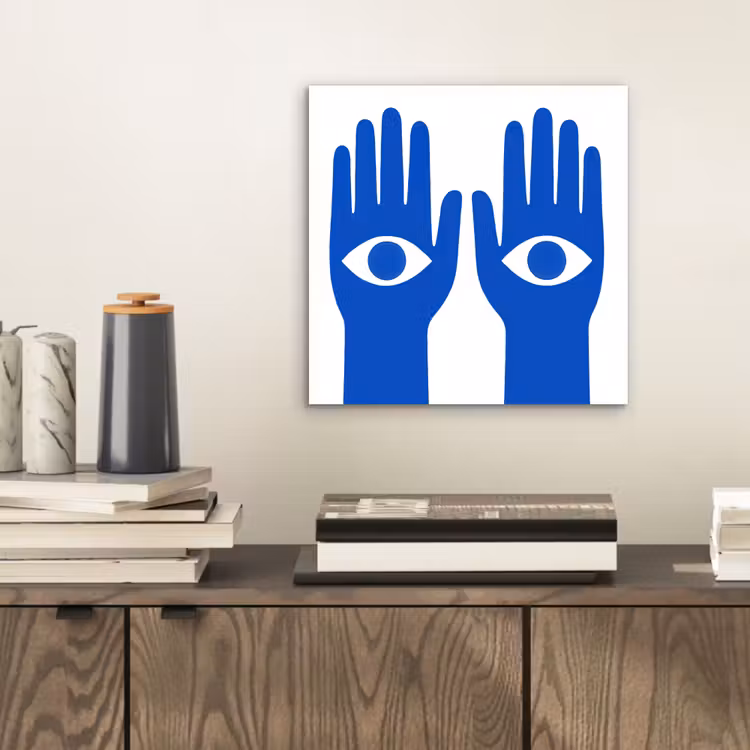 Handen - Twee - Ogen - Blauw aluminium wit klein -sfeer1