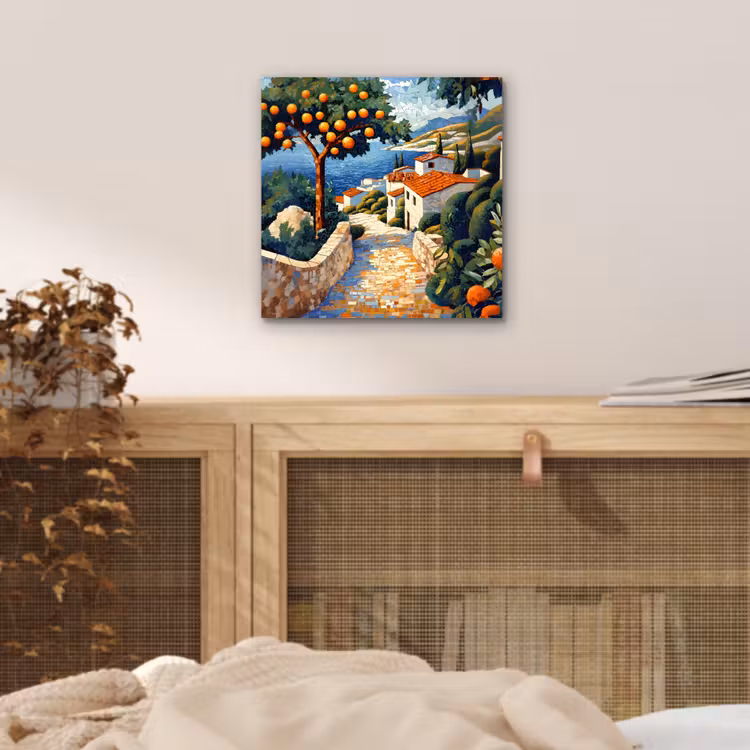 Huizen - Mozaïek - Sinaasappelbomen - Zee aluminium wit klein -sfeer3