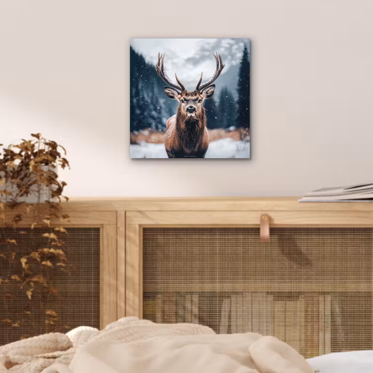 Hert - Winter - Hertenkop - Sneeuw - Gewei aluminium wit klein -sfeer3