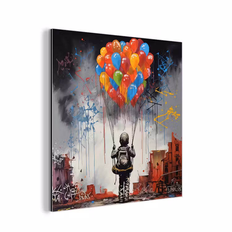 Jongen - Ballonnen - Gebouwen - Kunst aluminium wit klein -3d
