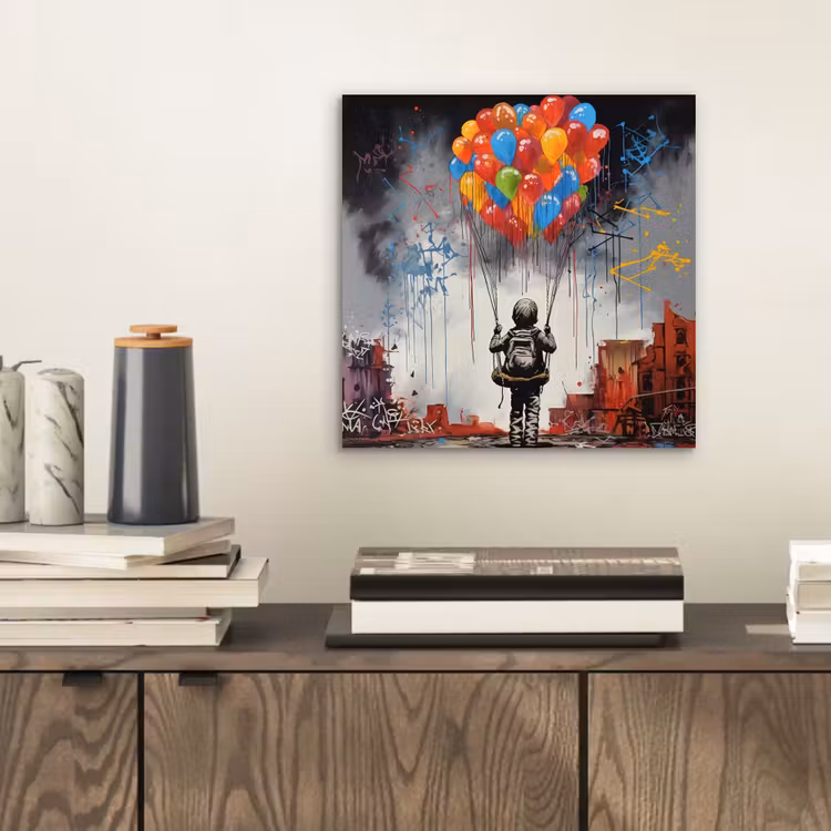 Jongen - Ballonnen - Gebouwen - Kunst aluminium wit klein -sfeer1