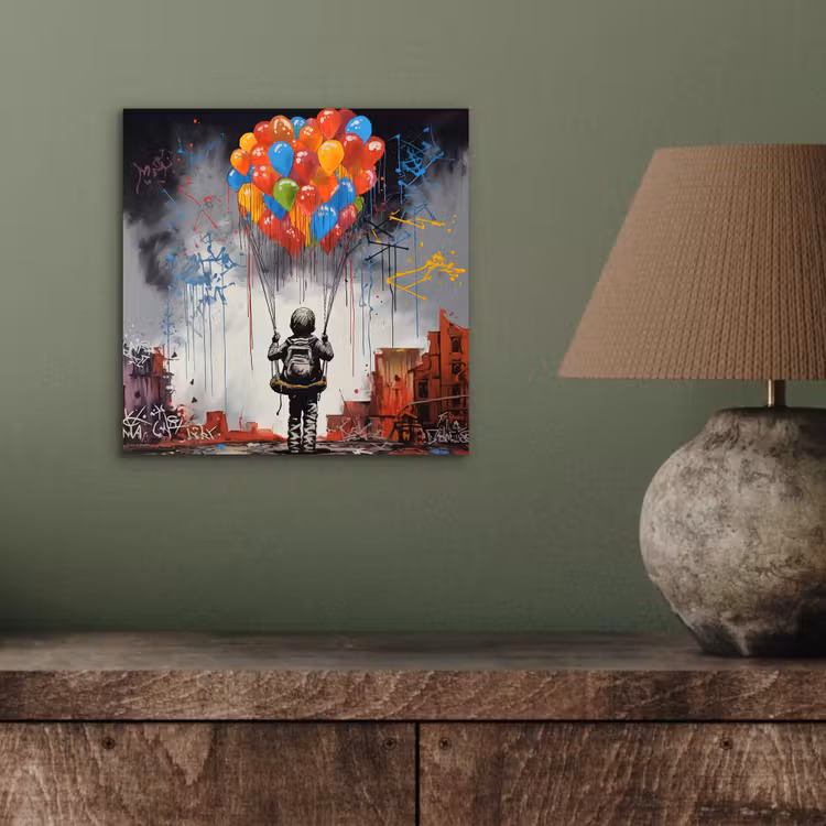 Jongen - Ballonnen - Gebouwen - Kunst aluminium wit klein -sfeer2
