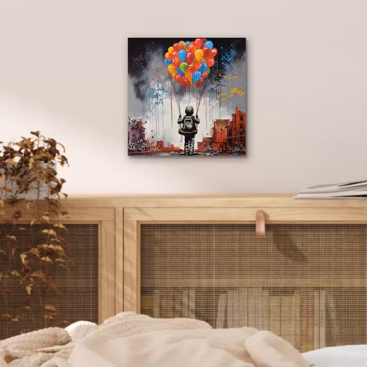 Jongen - Ballonnen - Gebouwen - Kunst aluminium wit klein -sfeer3