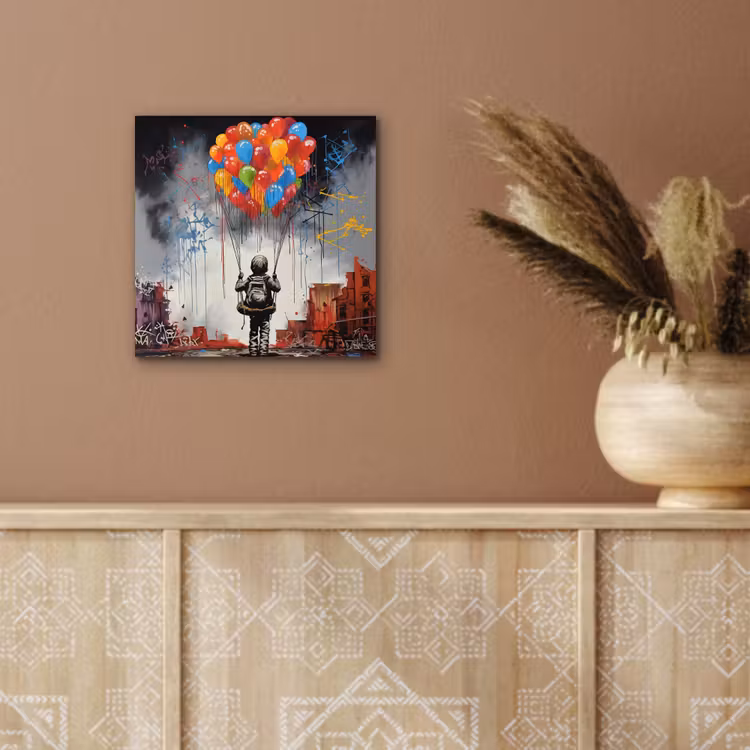 Jongen - Ballonnen - Gebouwen - Kunst aluminium wit klein -sfeer4