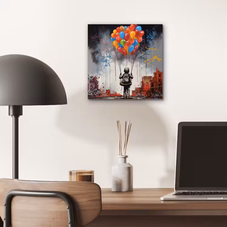 Jongen - Ballonnen - Gebouwen - Kunst aluminium wit klein -sfeer5