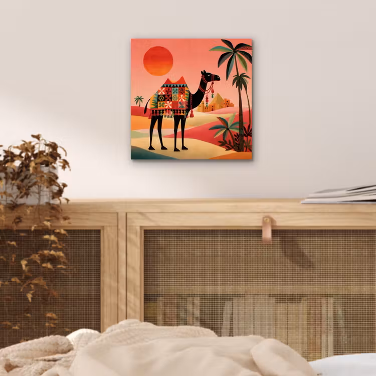 Kameel - Gekleurd tapijt - Duinen - Rode zon aluminium wit klein -sfeer3