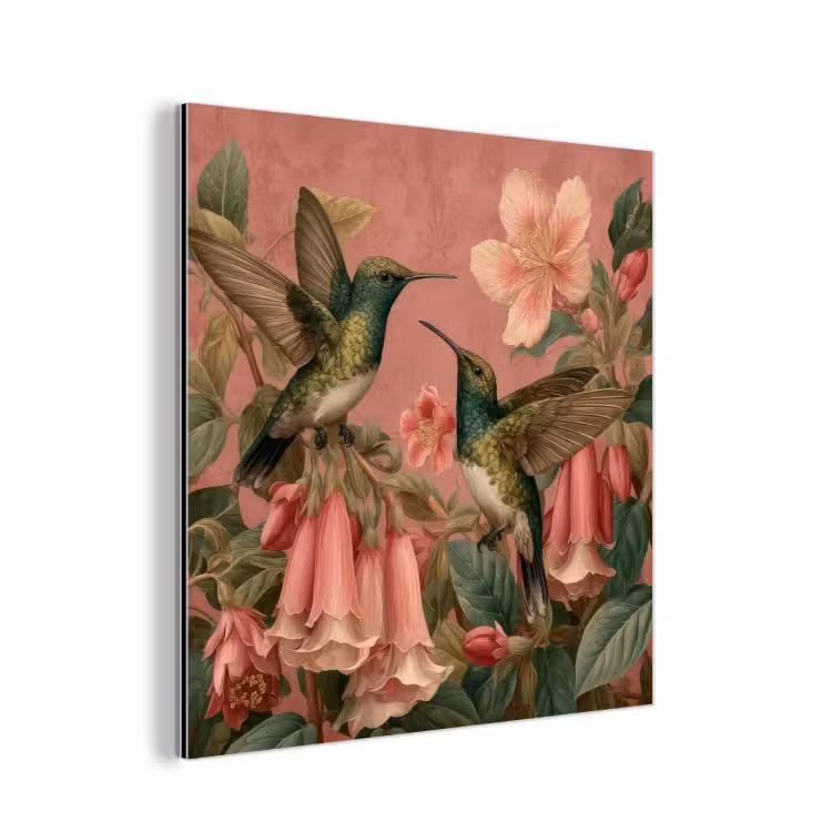 Kolibries - Bloemen - Groen - Roze aluminium wit klein -3d