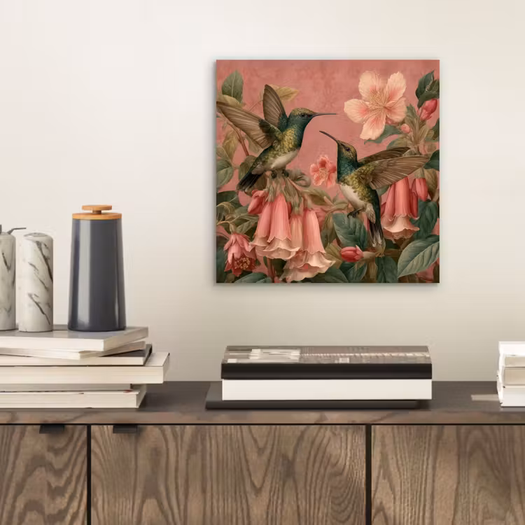 Kolibries - Bloemen - Groen - Roze aluminium wit klein -sfeer1