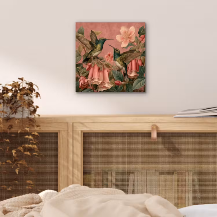 Kolibries - Bloemen - Groen - Roze aluminium wit klein -sfeer3