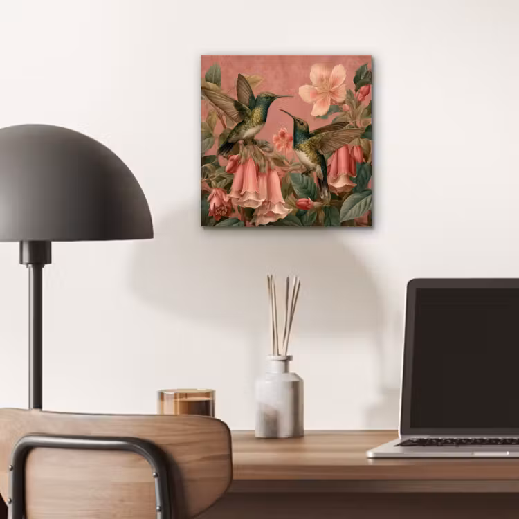 Kolibries - Bloemen - Groen - Roze aluminium wit klein -sfeer5