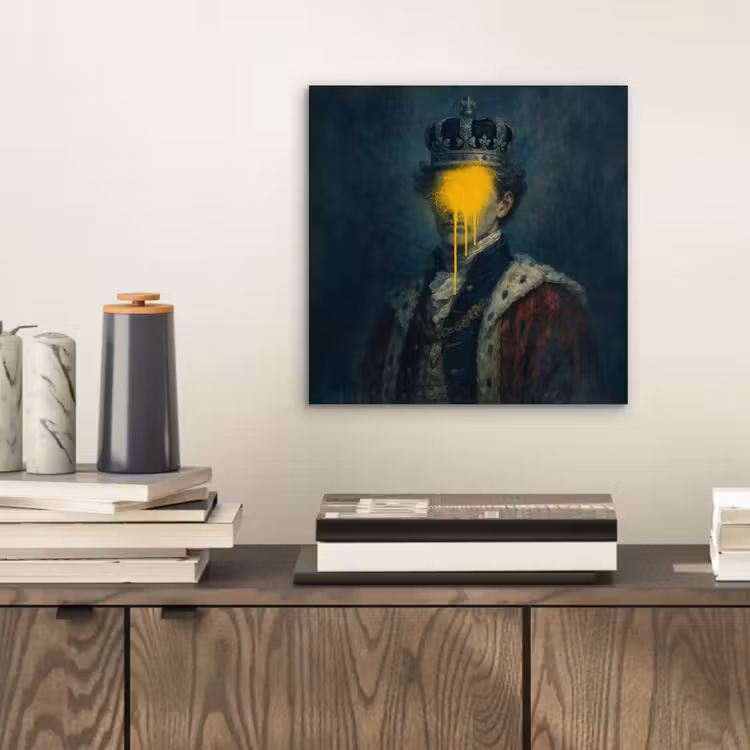 Koning - Portret - Druipende gele verf aluminium wit klein -sfeer1