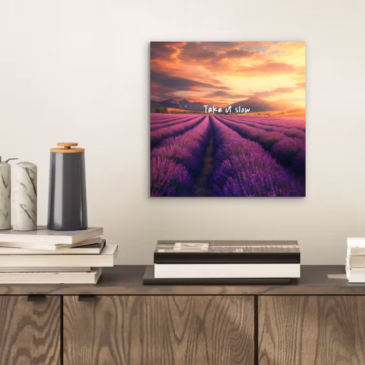 Lavendelveld - Quote - Zonsondergang aluminium wit klein -sfeer1