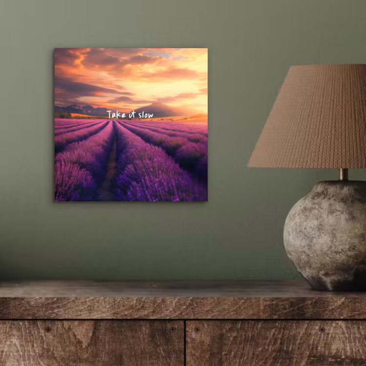 Lavendelveld - Quote - Zonsondergang aluminium wit klein -sfeer2
