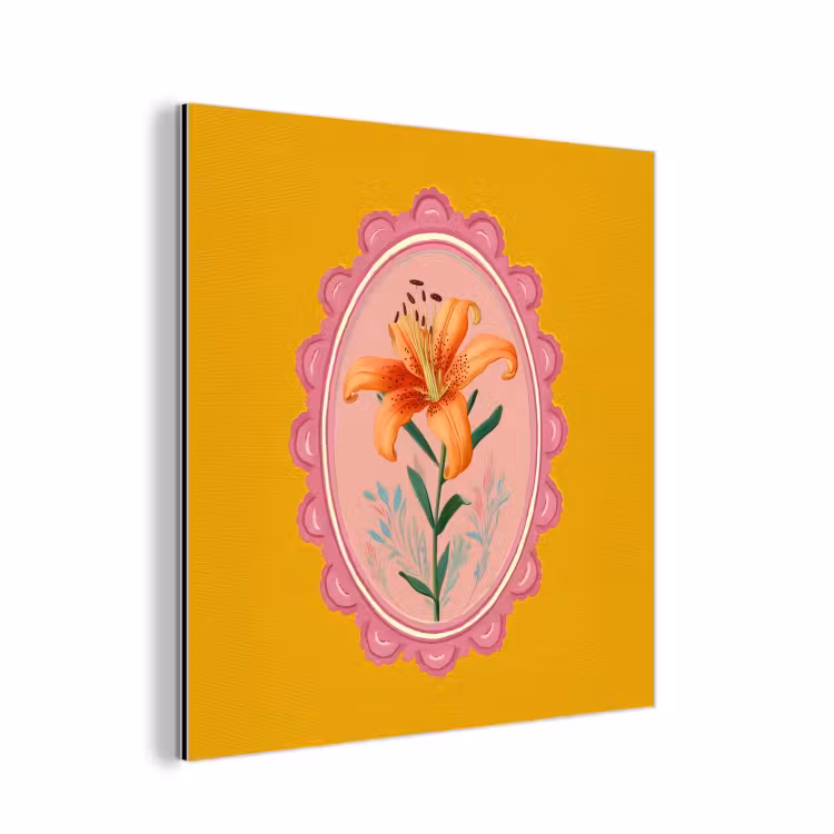 Lelie - Oranje - Lijst - Ovaal aluminium wit klein -3d